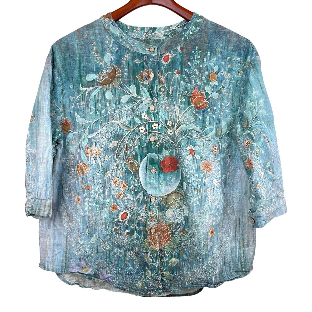 Womens Top Sz M Linen‎ Cottage Fairy Bird Statement Sustainable Ethereal Boho - Picture 8 of 9